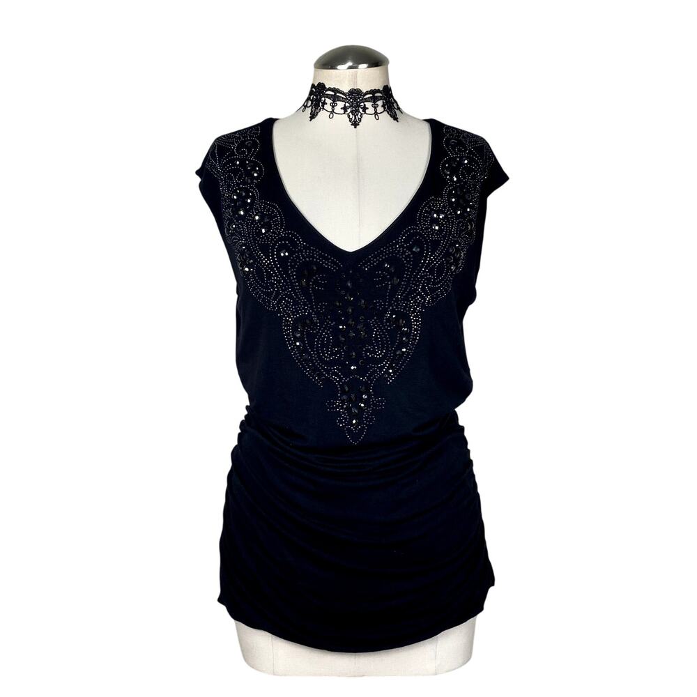 Vtg Y2K Bedazzled Rhinestone Ruched V Neck Whimsigoth Grunge Goth Blouse sz L